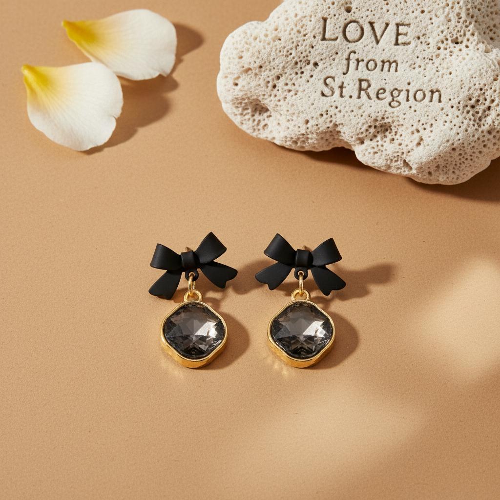 Black Crystal and 18K Gold-Plated Bow Diamond Drop Earrings, gold drop earrings for women, lifestyle look