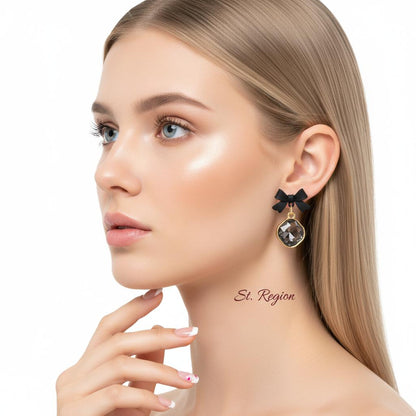 Black Crystal and 18K Gold-Plated Bow Diamond Drop Earrings, gold drop earrings for women, styled look