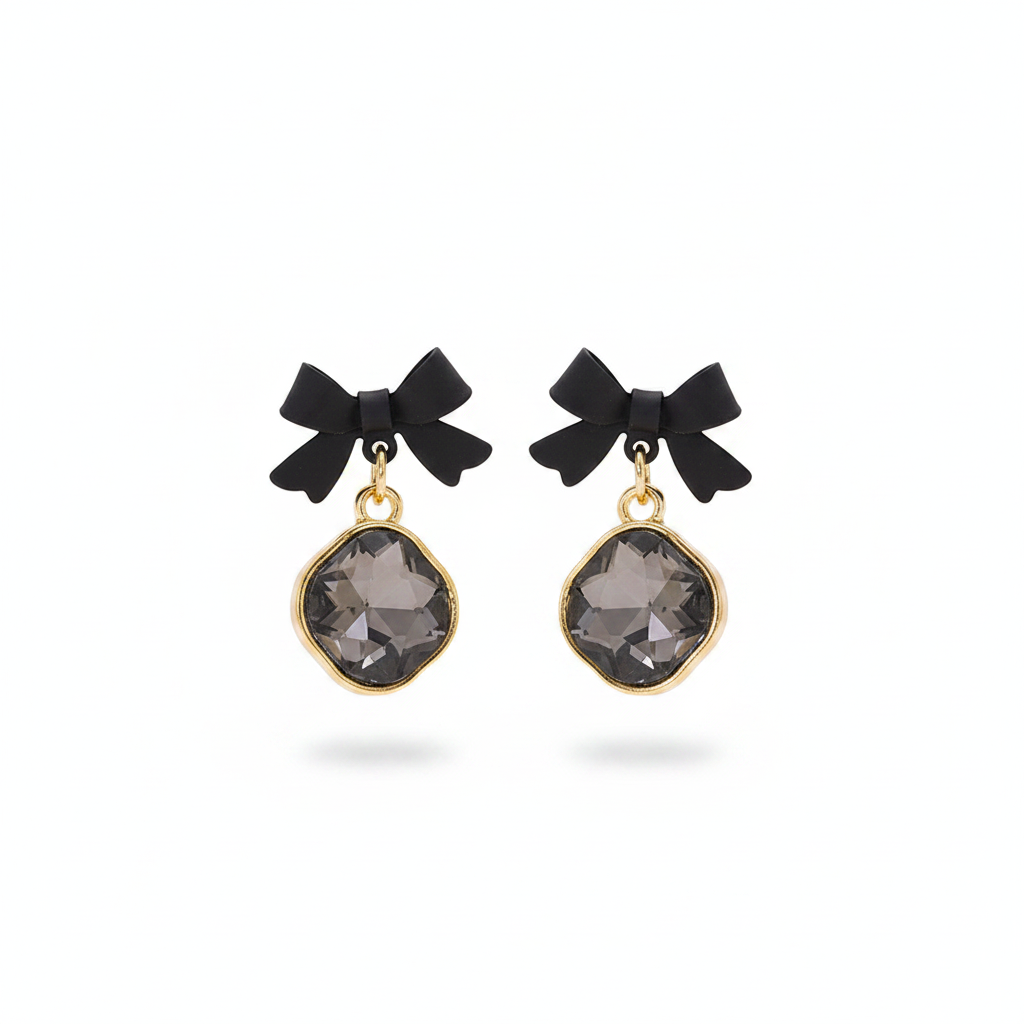 Black Crystal & 18K Gold-Plated Bow Diamond Drop Earrings - Street Region
