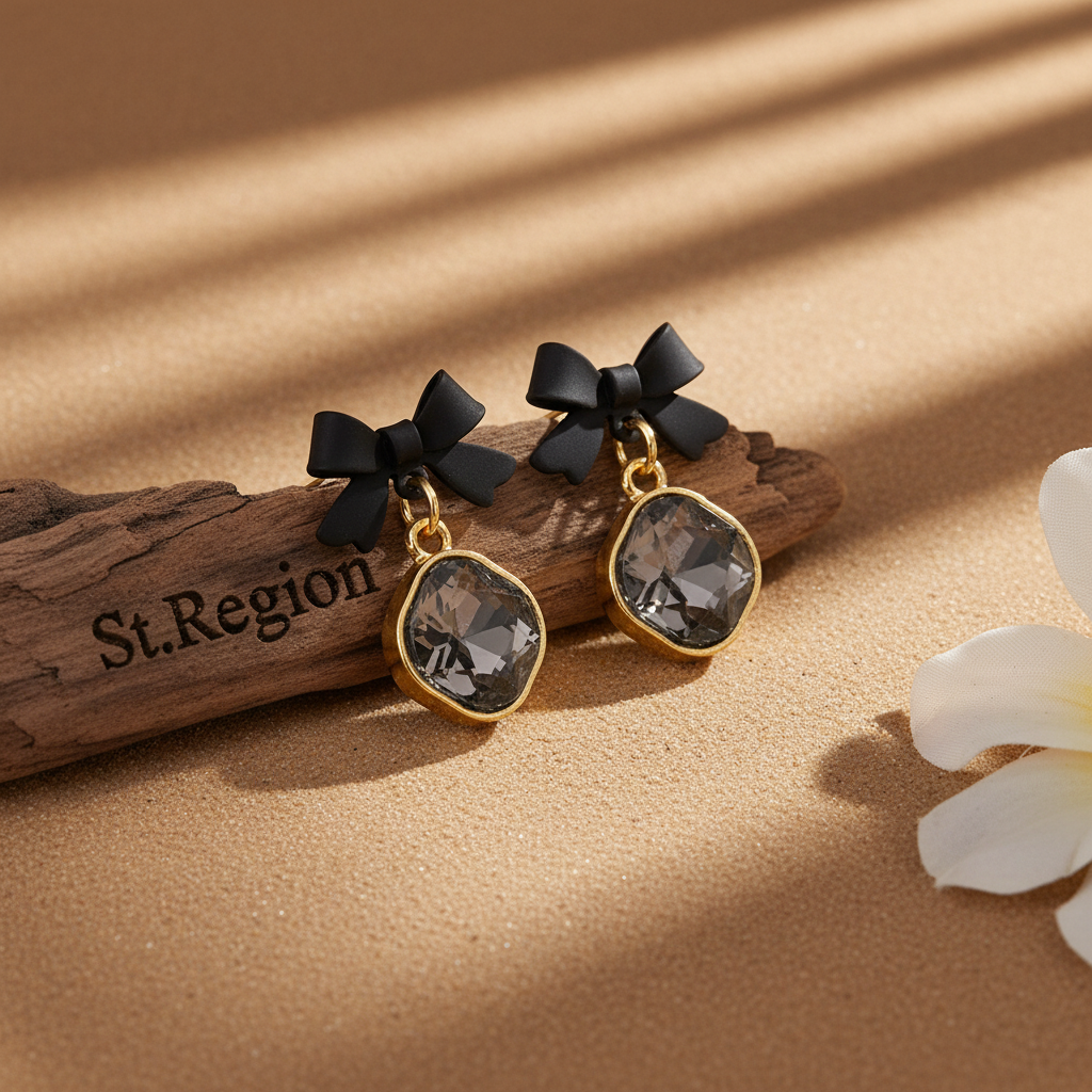Black Crystal & 18K Gold-Plated Bow Diamond Drop Earrings - Street Region