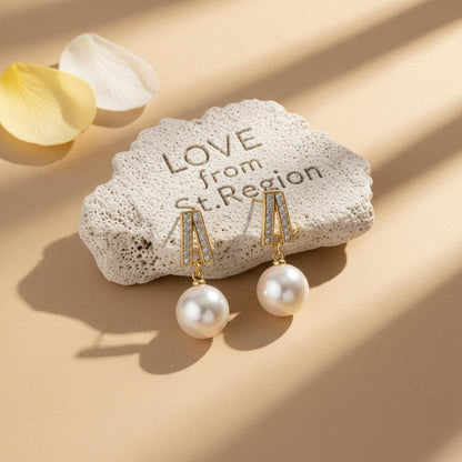 Pearl and Cubic Zirconia 18K Gold-Plated Geometric Drop Earrings, gold drop earrings for women, lifestyle look