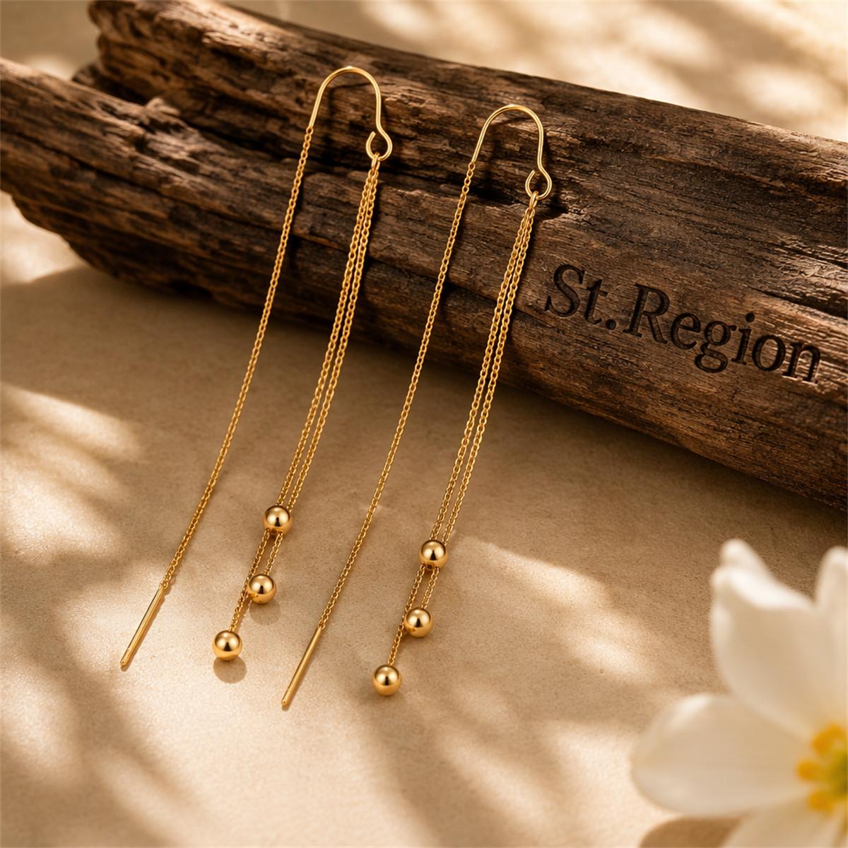 18K Gold-Plated Beaded Threader Earrings, vintage-inspired design, front view