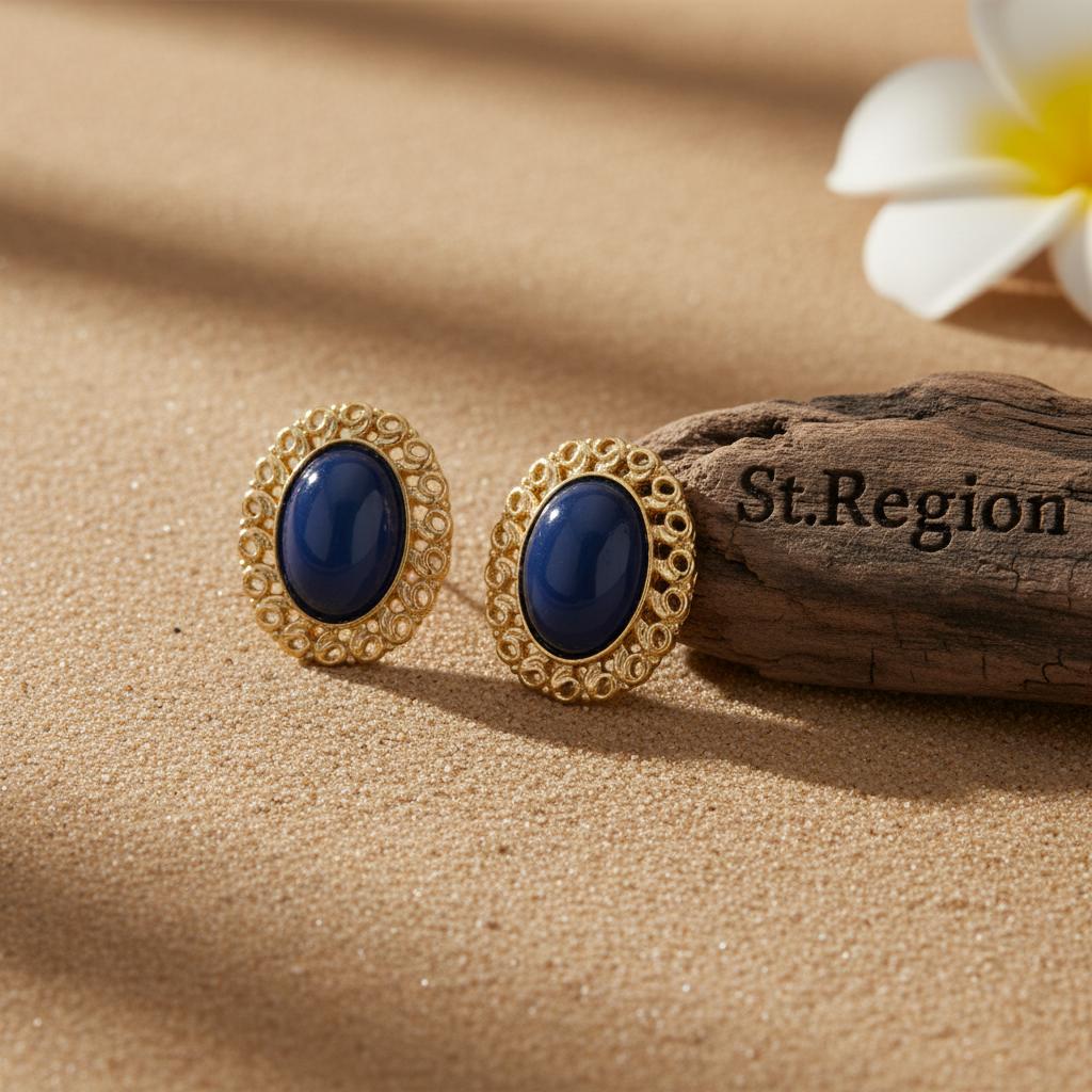 Blue and 18K Gold-Plated Openwork Oval Stud Earrings, cubic zirconia stud earrings for women, front view
