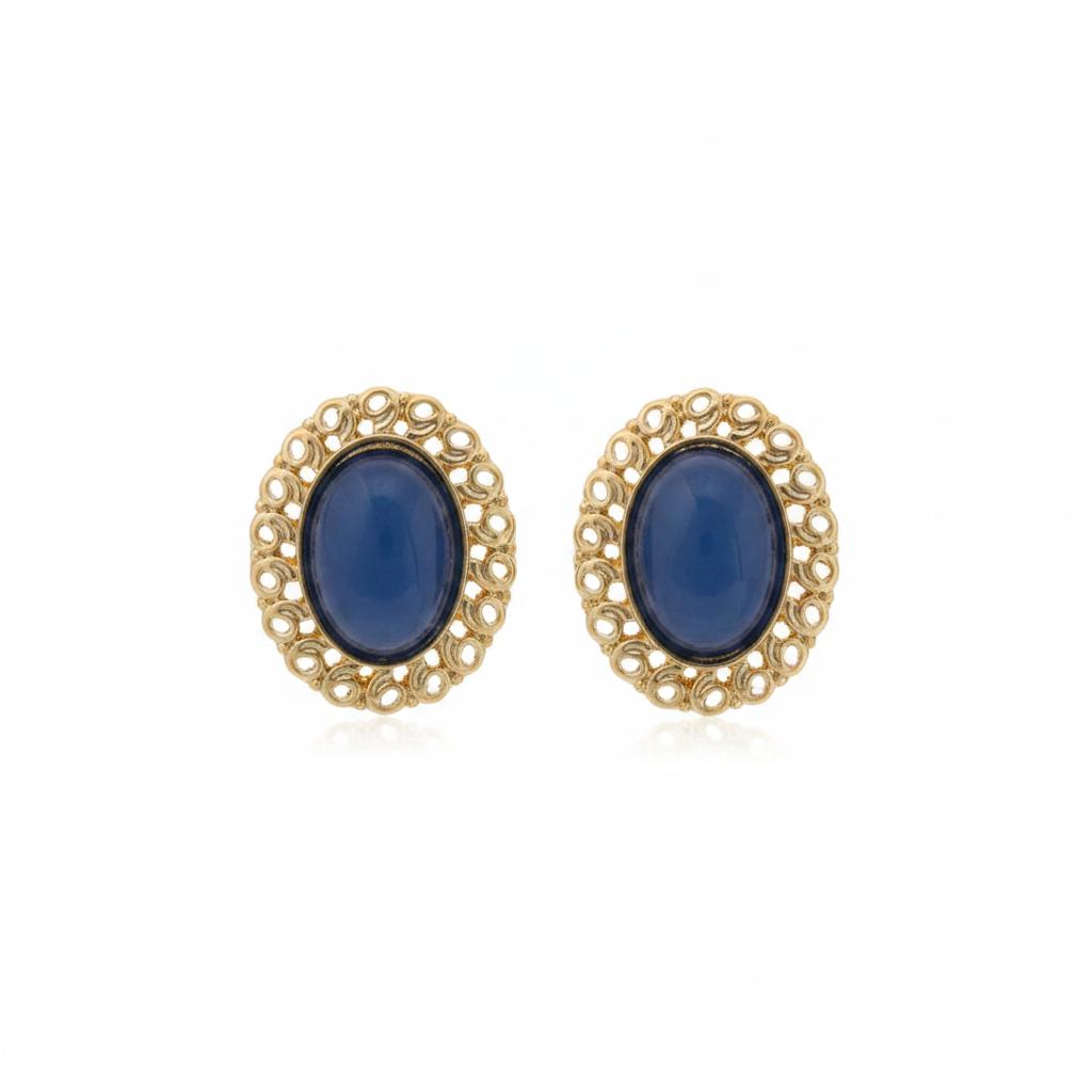 Blue and 18K Gold-Plated Openwork Oval Stud Earrings, cubic zirconia stud earrings for women, side view