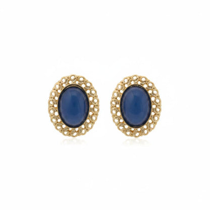 Blue and 18K Gold-Plated Openwork Oval Stud Earrings, cubic zirconia stud earrings for women, side view