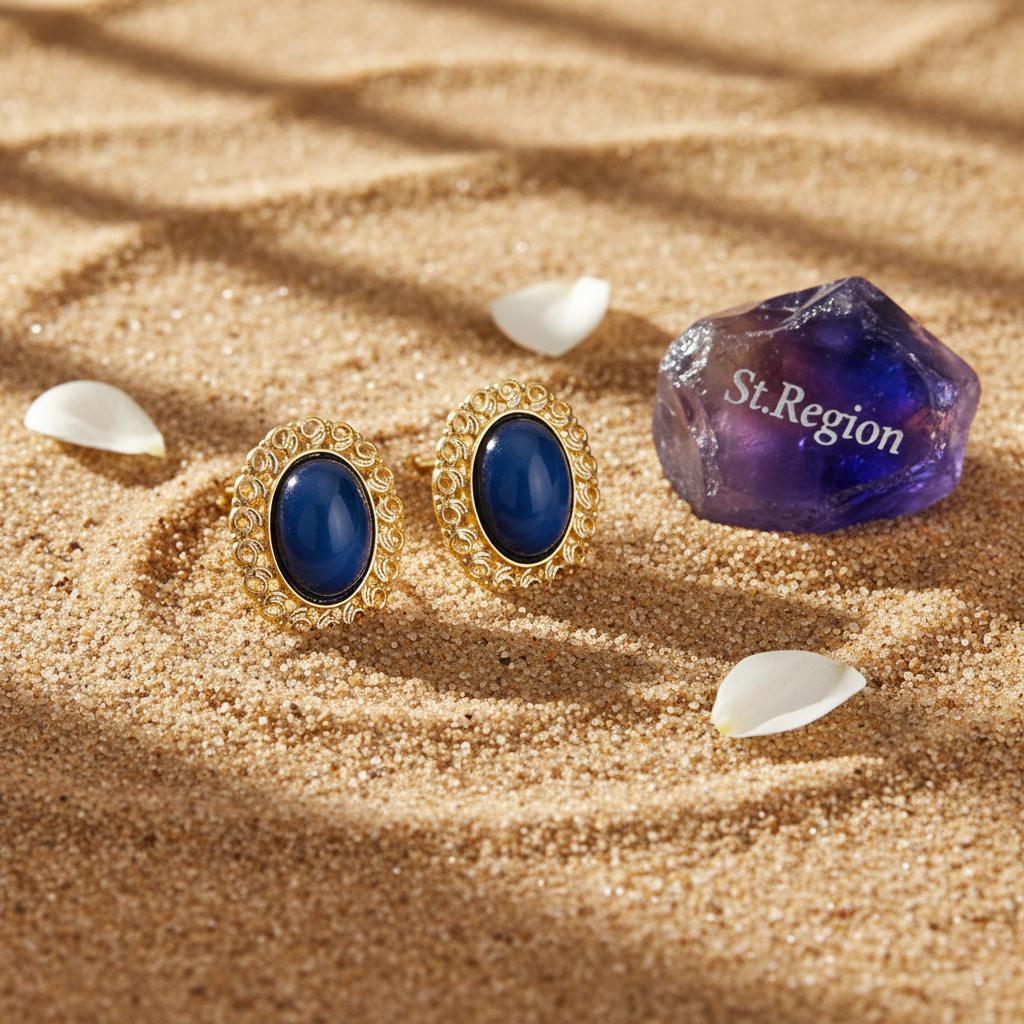 Blue and 18K Gold-Plated Openwork Oval Stud Earrings, cubic zirconia stud earrings for women, detail close-up