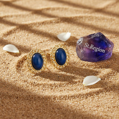 Blue and 18K Gold-Plated Openwork Oval Stud Earrings, cubic zirconia stud earrings for women, detail close-up