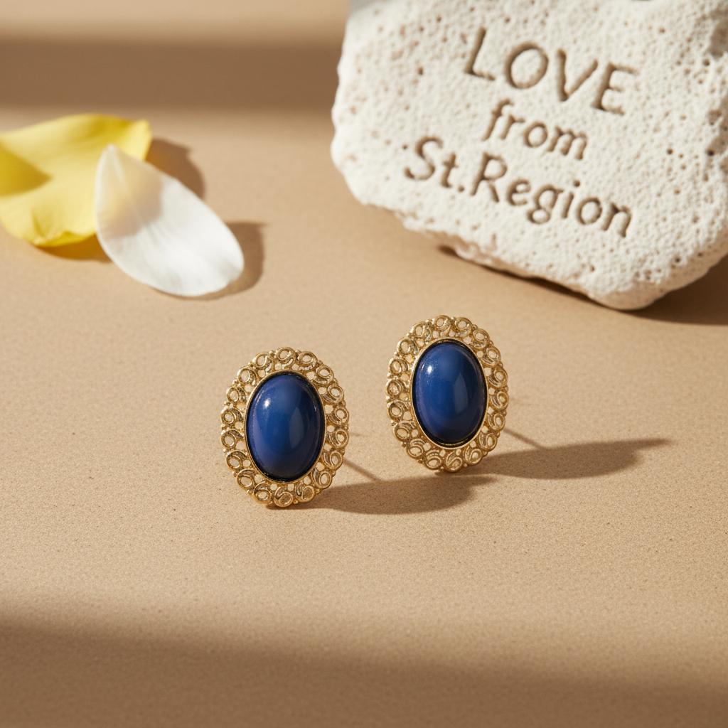 Blue and 18K Gold-Plated Openwork Oval Stud Earrings, cubic zirconia stud earrings for women, lifestyle look