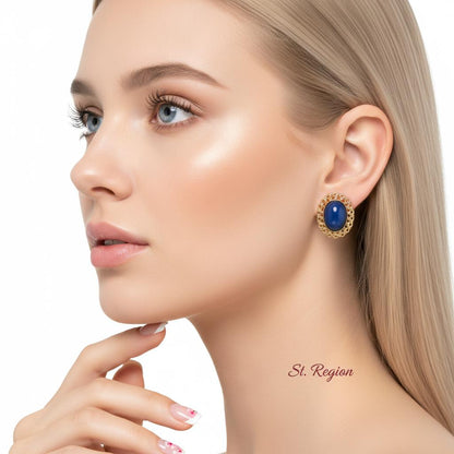 Blue and 18K Gold-Plated Openwork Oval Stud Earrings, cubic zirconia stud earrings for women, styled look