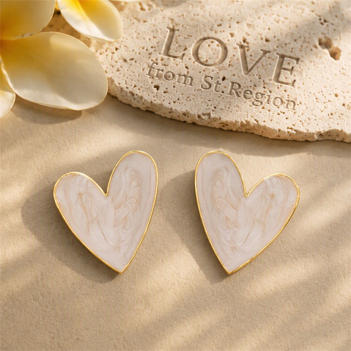 Blush Enamel and 18K Gold-Plated Heart Stud Earrings, gold stud earrings for women, everyday style, lifestyle look