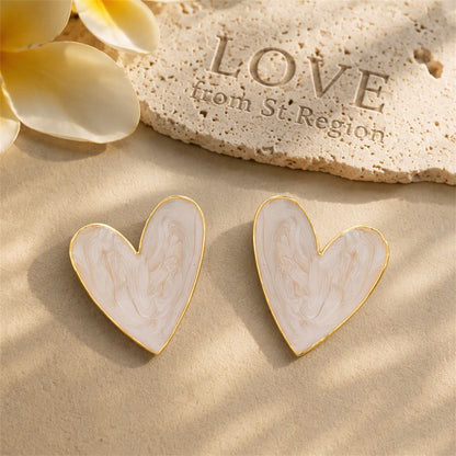 Blush Enamel and 18K Gold-Plated Heart Stud Earrings, gold stud earrings for women, everyday style, lifestyle look