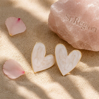 Blush Enamel and 18K Gold-Plated Heart Stud Earrings, gold stud earrings for women, everyday style, detail close-up