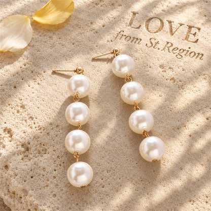 Pearl and 18K Gold-Plated Linked-Ball Drop Earrings, gold drop earrings for women, dainty minimalist design, lifestyle look