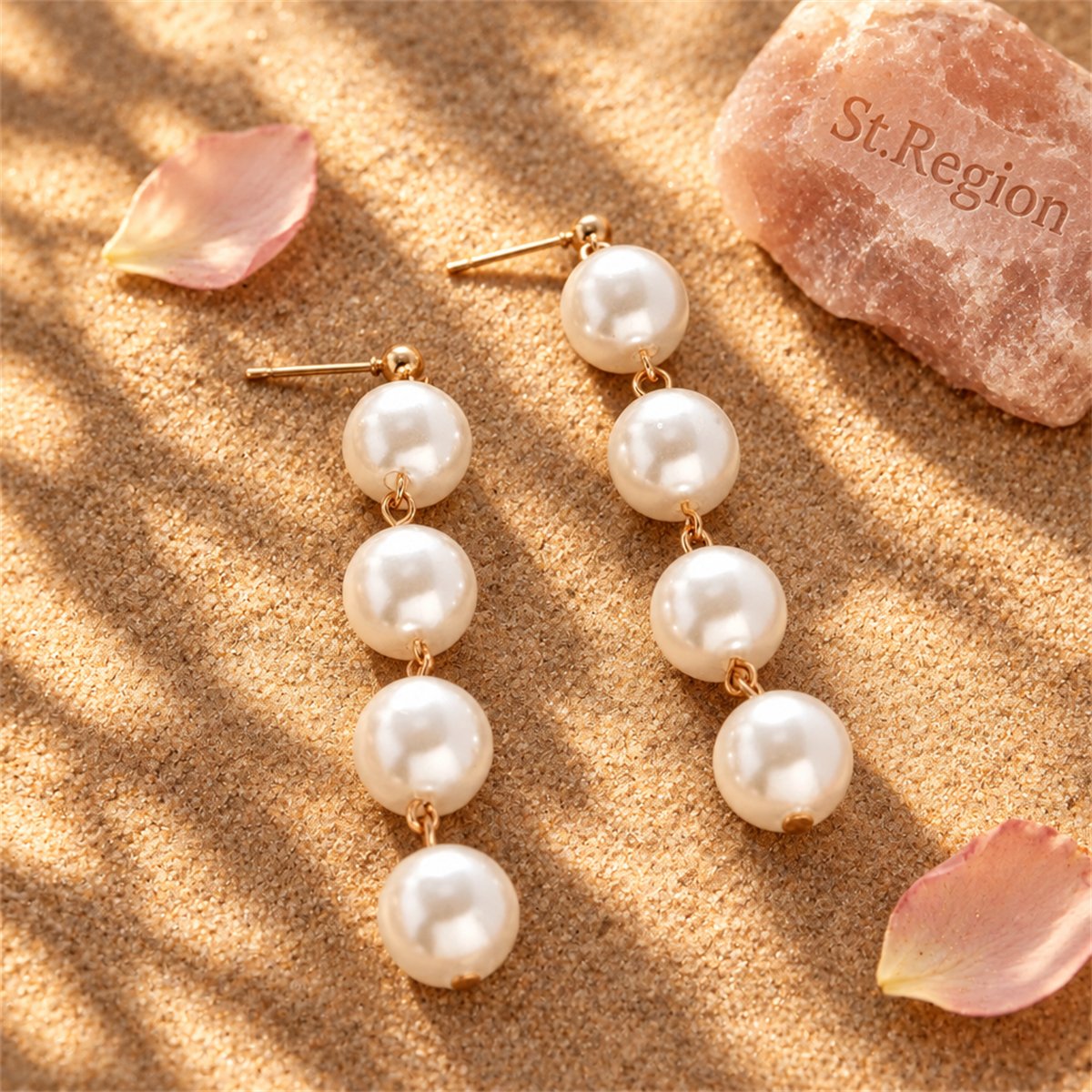 Pearl and 18K Gold-Plated Linked-Ball Drop Earrings, gold drop earrings for women, dainty minimalist design, detail close-up