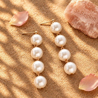 Pearl and 18K Gold-Plated Linked-Ball Drop Earrings, gold drop earrings for women, dainty minimalist design, detail close-up