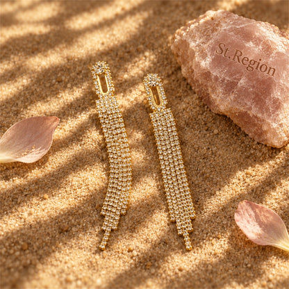 Cubic Zirconia and 18K Gold-Plated Oval Tassel Drop Earrings, gold drop earrings for women, everyday style, detail close-up