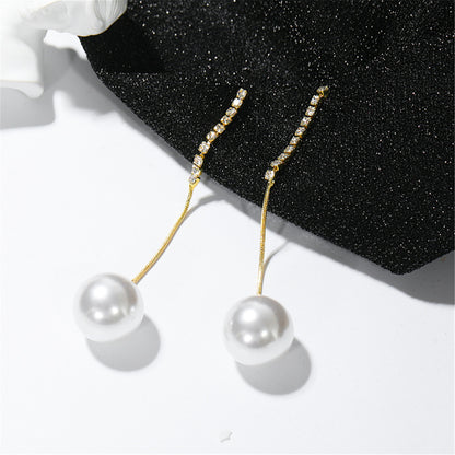 Pearl and Cubic Zirconia 18K Gold-Plated Ball Drop Earrings, gold drop earrings for women, everyday style, detail close-up