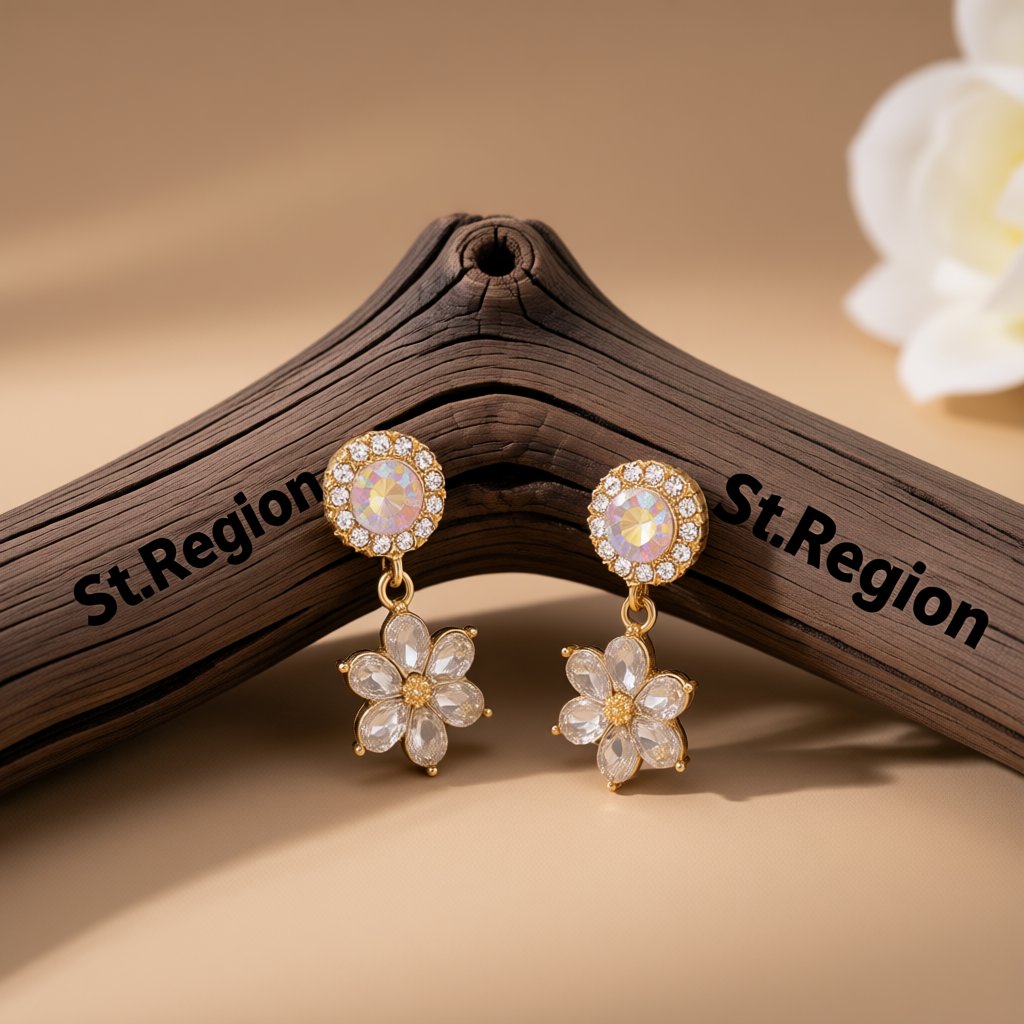 Cubic Zirconia and Crystal Round Flower Drop Earrings, drop earrings for women, everyday style, front view