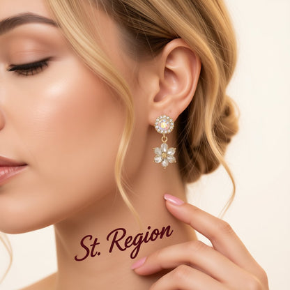 Cubic Zirconia and Crystal Round Flower Drop Earrings, drop earrings for women, everyday style, styled look
