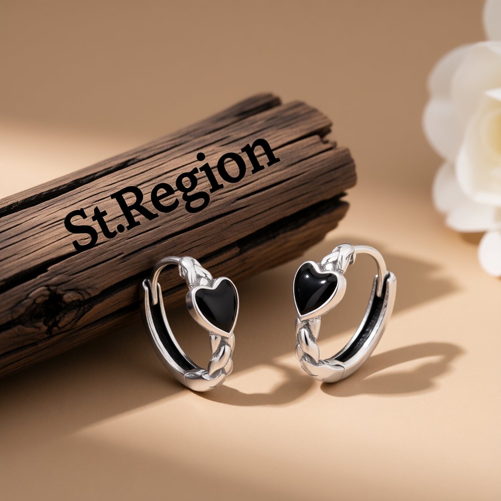 Black Enamel and Silver-Plated Heart Huggie Earrings, silver huggie earrings, dainty minimalist design, front view