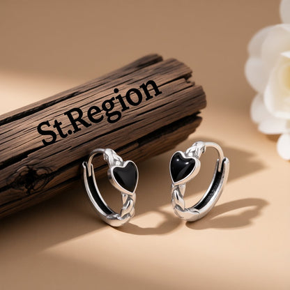 Black Enamel and Silver-Plated Heart Huggie Earrings, silver huggie earrings, dainty minimalist design, front view