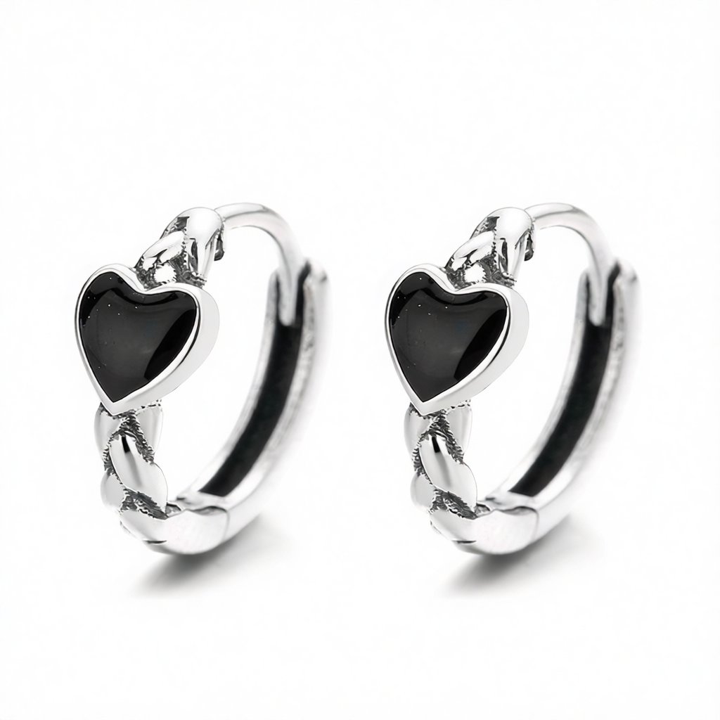 Black Enamel and Silver-Plated Heart Huggie Earrings, silver huggie earrings, dainty minimalist design, side view