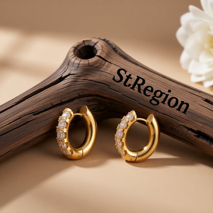 Cubic Zirconia and 18K Gold-Plated Huggie Earrings, gold huggie earrings, elegant gift for her, front view