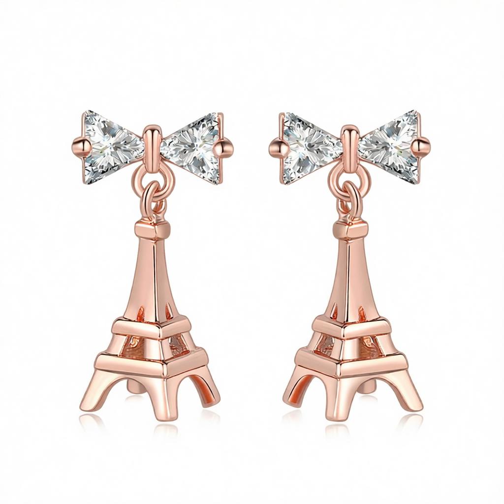 Crystal and 18K Rose Gold-Plated Eiffel Tower Drop Earrings, rose gold drop earrings for women, botanical inspired, side view