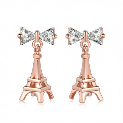 Crystal and 18K Rose Gold-Plated Eiffel Tower Drop Earrings, rose gold drop earrings for women, botanical inspired, side view