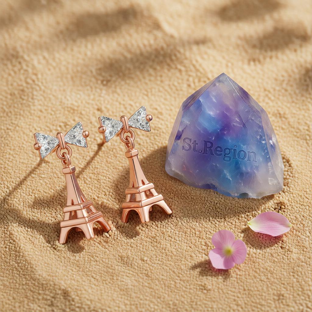 Crystal and 18K Rose Gold-Plated Eiffel Tower Drop Earrings, rose gold drop earrings for women, detail close-up