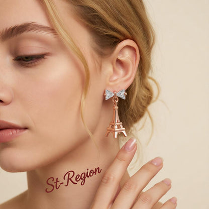 Crystal and 18K Rose Gold-Plated Eiffel Tower Drop Earrings, rose gold drop earrings for women, styled look