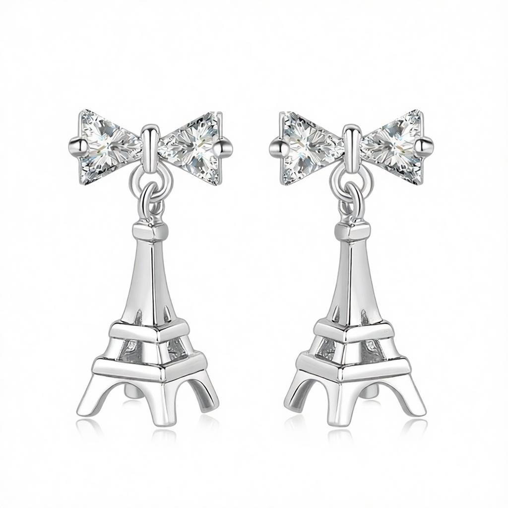 Crystal and Silver-Plated Eiffel Tower Drop Earrings, silver drop earrings for women, vintage-inspired design, side view
