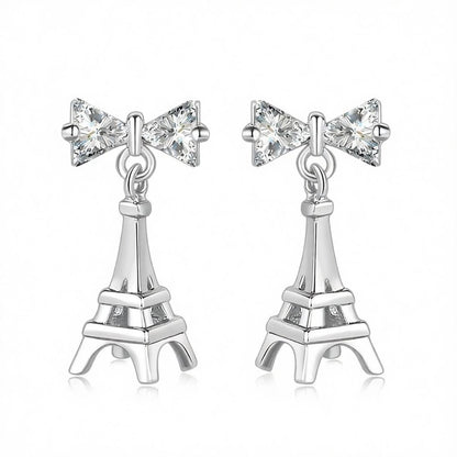 Crystal and Silver-Plated Eiffel Tower Drop Earrings, silver drop earrings for women, vintage-inspired design, side view