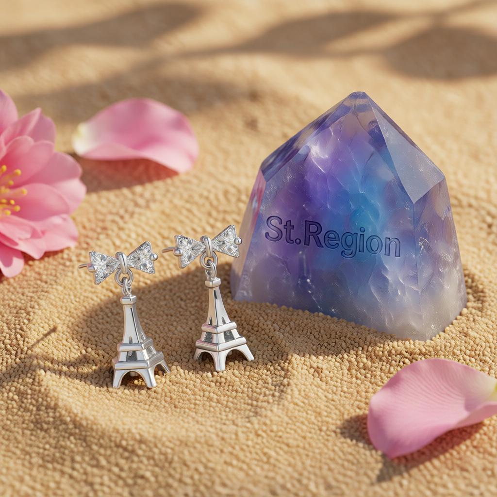 Crystal and Silver-Plated Eiffel Tower Drop Earrings, silver drop earrings for women, detail close-up