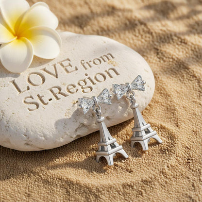 Crystal and Silver-Plated Eiffel Tower Drop Earrings, silver drop earrings for women, vintage-inspired design, lifestyle look