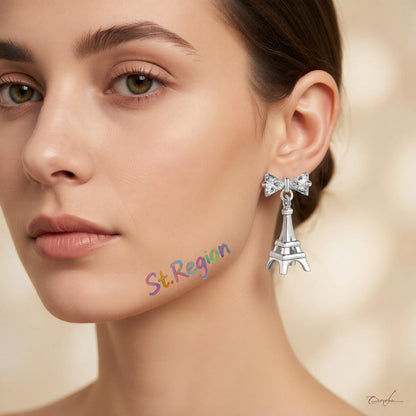 Crystal and Silver-Plated Eiffel Tower Drop Earrings, silver drop earrings for women, vintage-inspired design, styled look