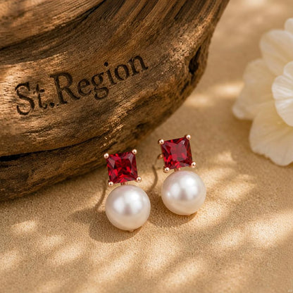 Red Crystal and Pearl 18K Rose Gold-Plated Drop Earrings, rose gold drop earrings for women, botanical inspired, front view