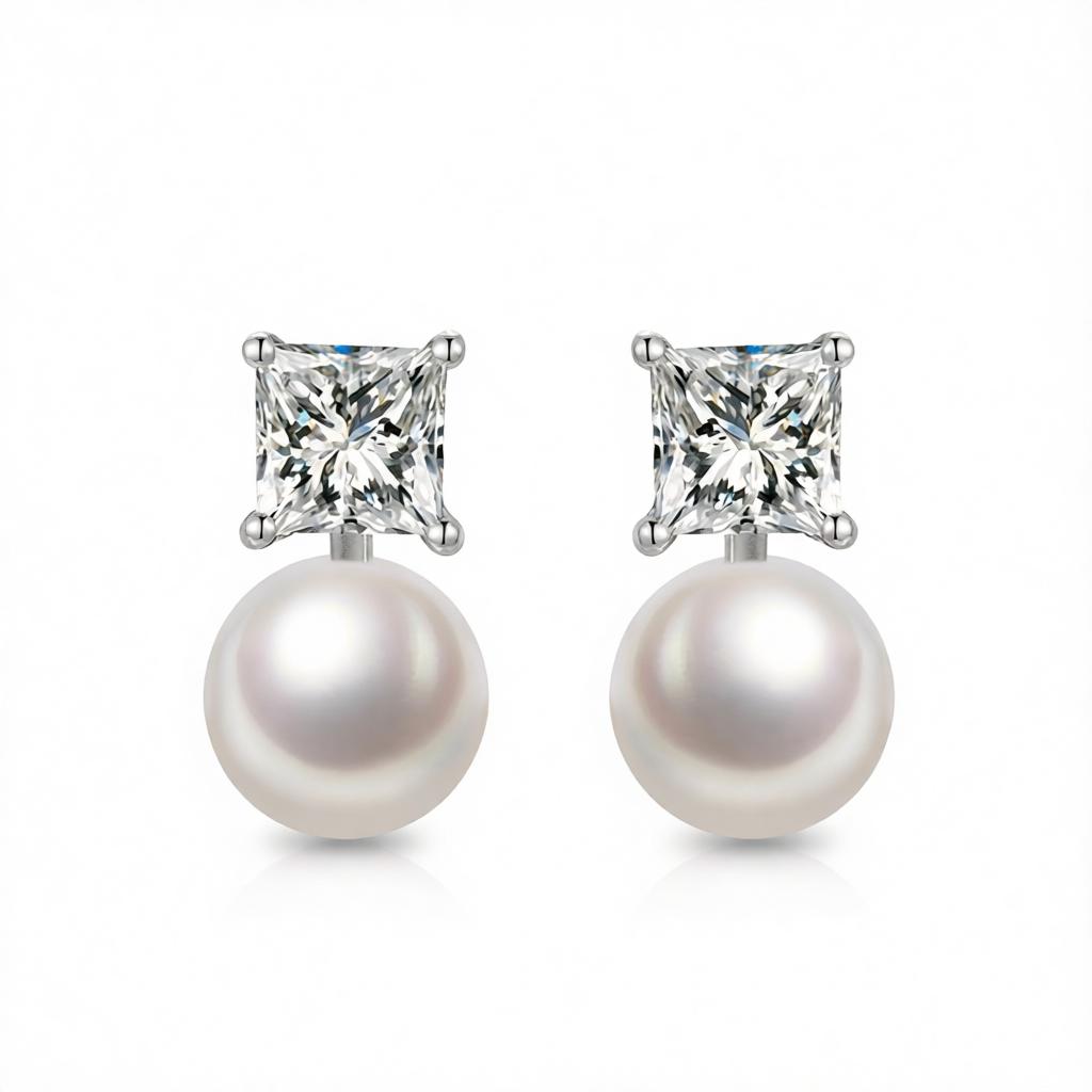 Clear Crystal and Pearl Silver-Plated Drop Earrings, silver drop earrings for women, elegant gift for her, side view
