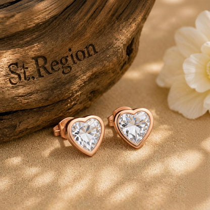 Crystal and 18K Rose Gold-Plated Heart Stud Earrings, rose gold stud earrings for women, botanical inspired, front view