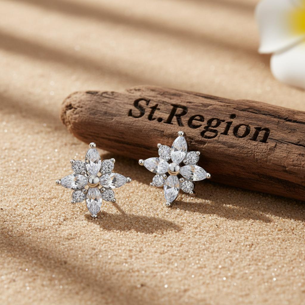 Clear Crystal and Cubic Zirconia Silver-Plated Snowflake Stud Earring, cubic zirconia stud earrings for women, front view