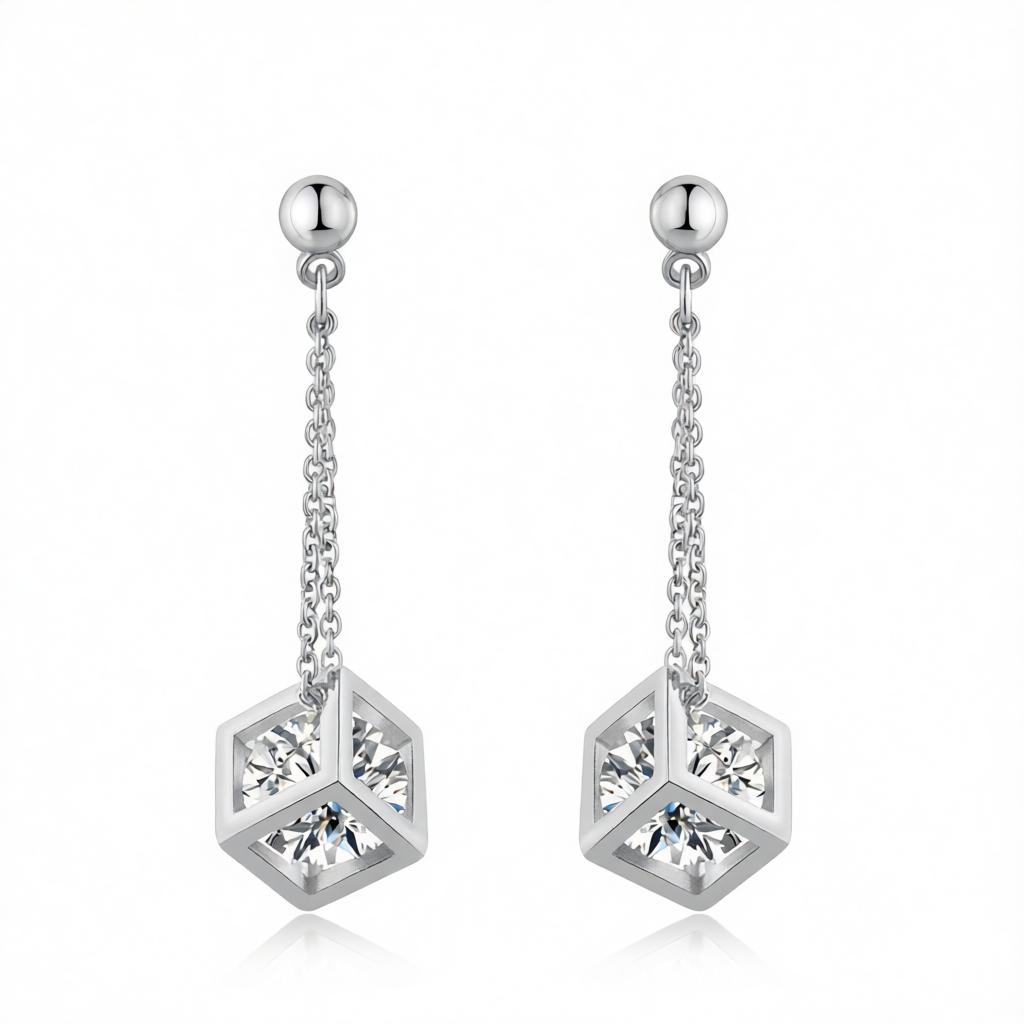 Crystal and Silver-Plated Caged Drop Earrings, silver drop earrings for women, vintage-inspired design, side view
