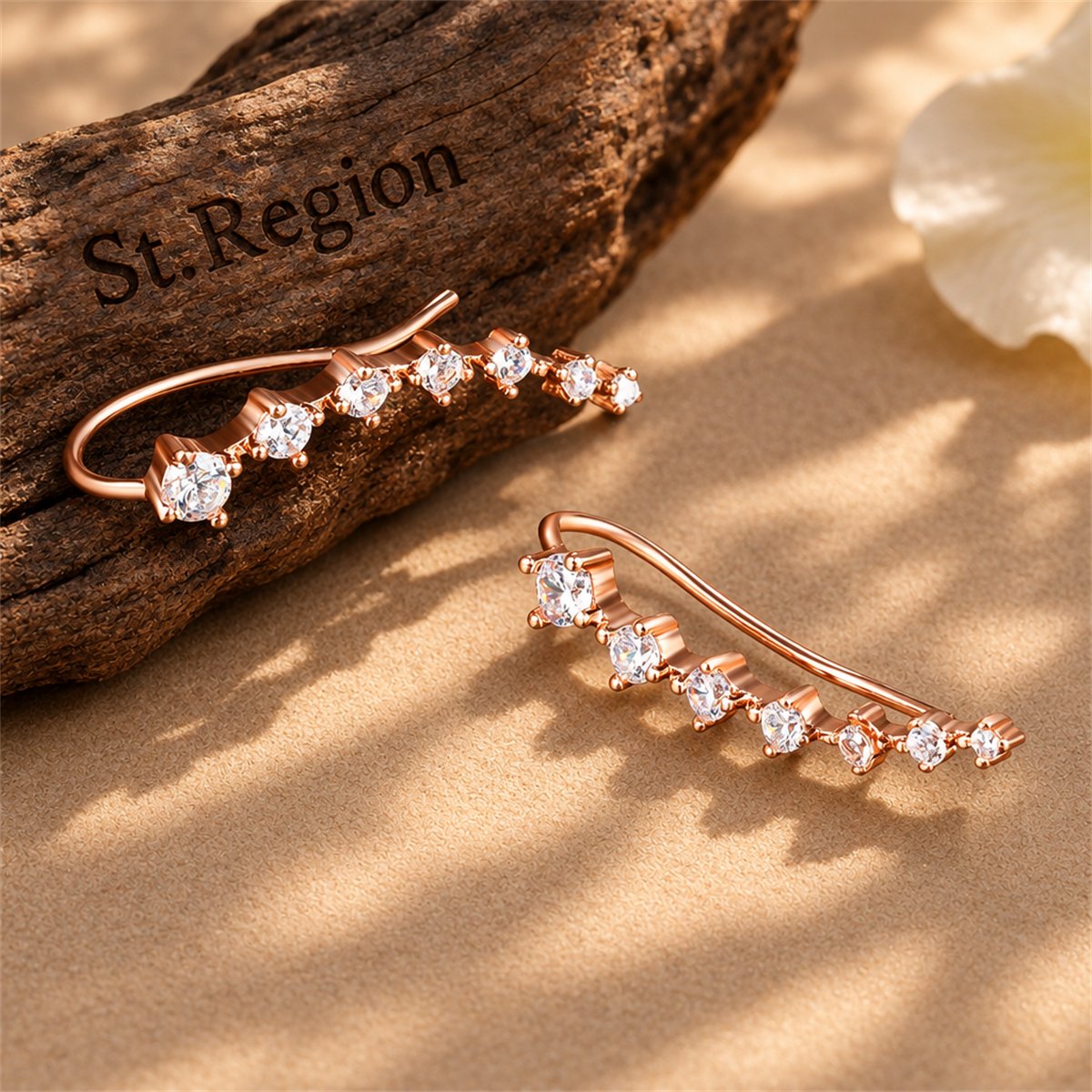 Cubic Zirconia and 18K Rose Gold-Plated Ear Climbers, vintage-inspired design, front view