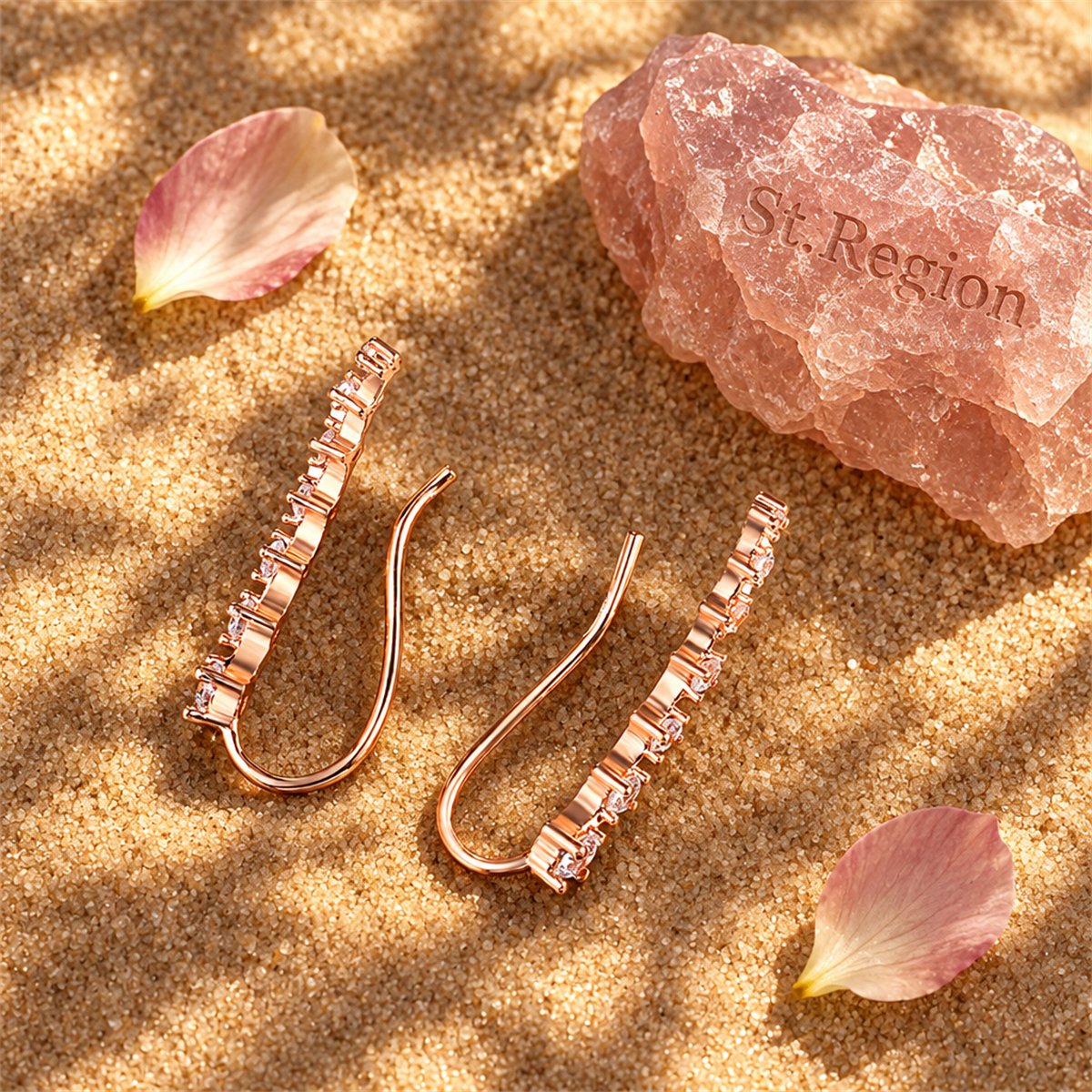 Cubic Zirconia and 18K Rose Gold-Plated Ear Climbers, vintage-inspired design, detail close-up