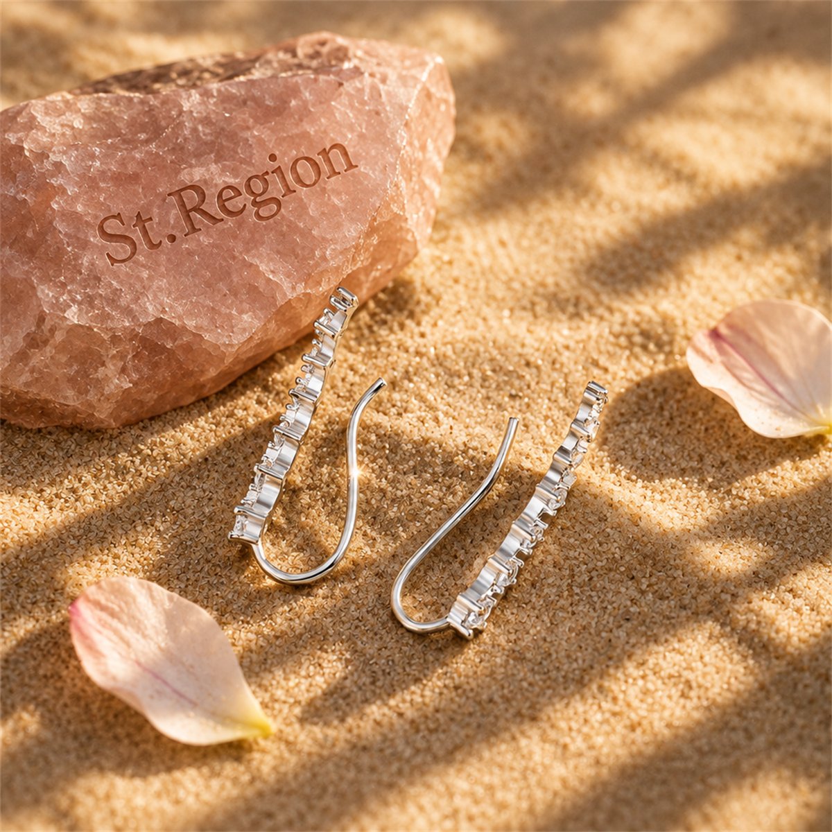 Cubic Zirconia and Silver-Plated Ear Climbers, botanical inspired, detail close-up