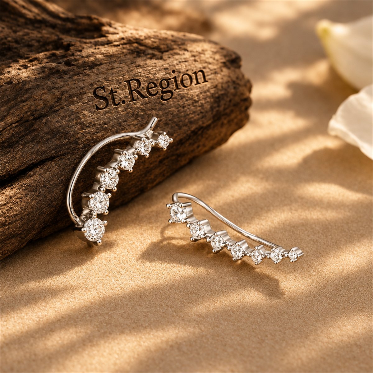 Cubic Zirconia and Silver-Plated Ear Climbers, botanical inspired, front view