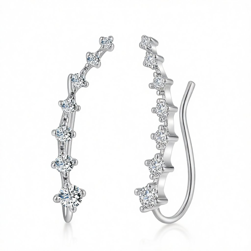 Cubic Zirconia and Silver-Plated Ear Climbers, botanical inspired, side view