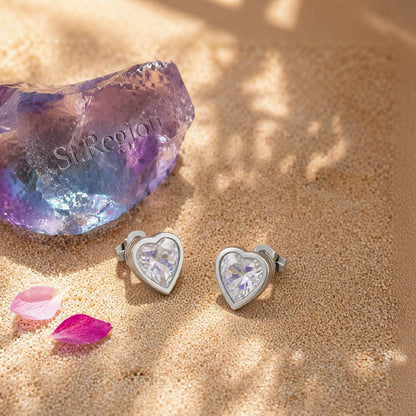 Crystal and Silver-Plated Heart Stud Earrings, silver stud earrings for women, elegant gift for her, detail close-up