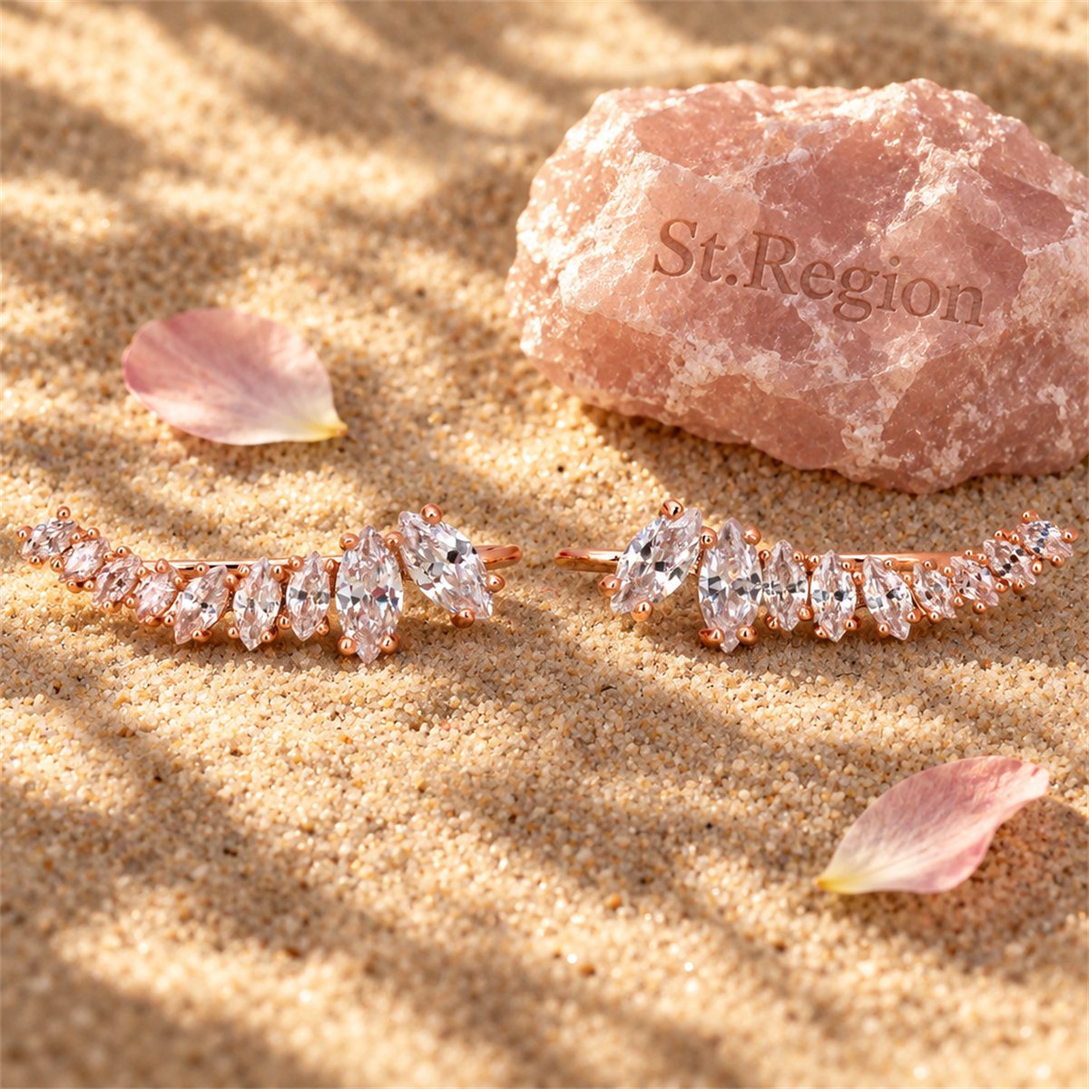 Marquise Crystal and 18K Gold-Plated Ear Climbers, dainty minimalist design, detail close-up