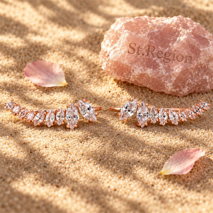 Marquise Crystal and 18K Gold-Plated Ear Climbers, dainty minimalist design, detail close-up