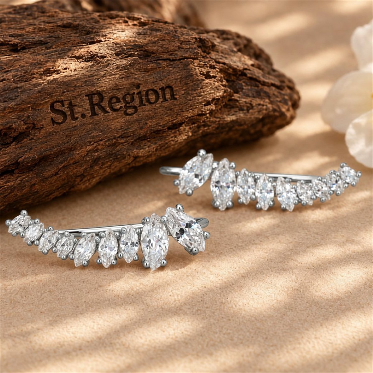 Crystal and Silver-Plated Ear Climbers, botanical inspired, front view